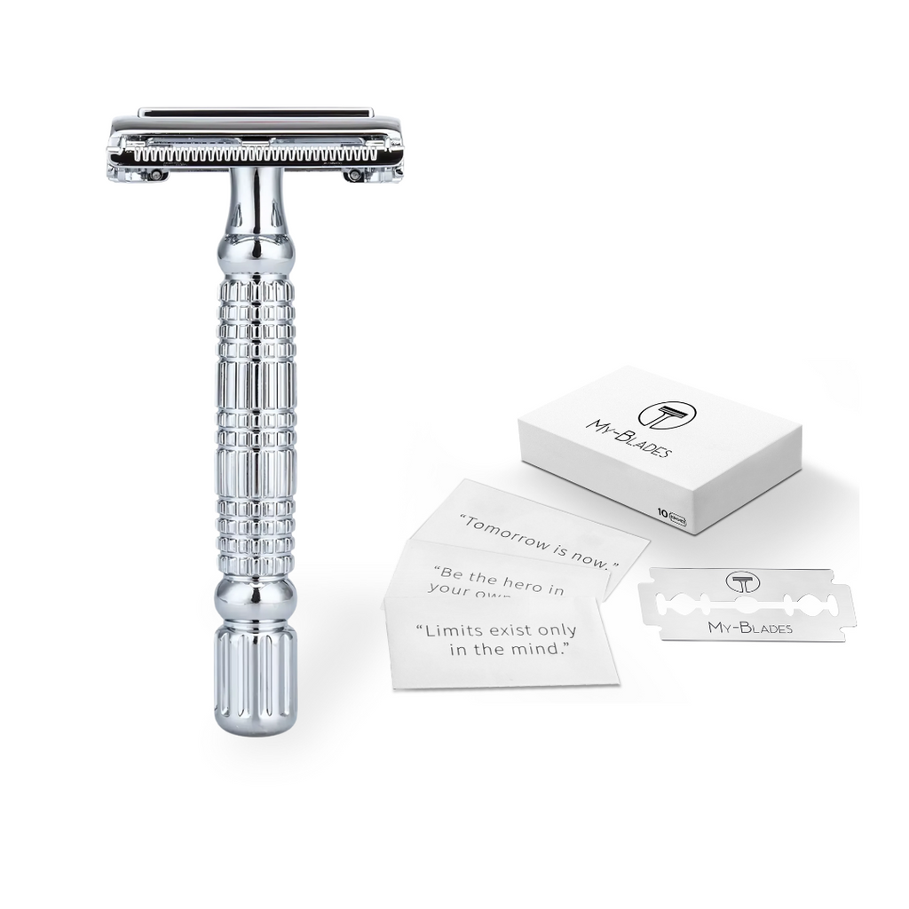 Burke Avenue Butterfly Razor with included 10-pack of My-Blades Platinum DE Blades and quote wrappers